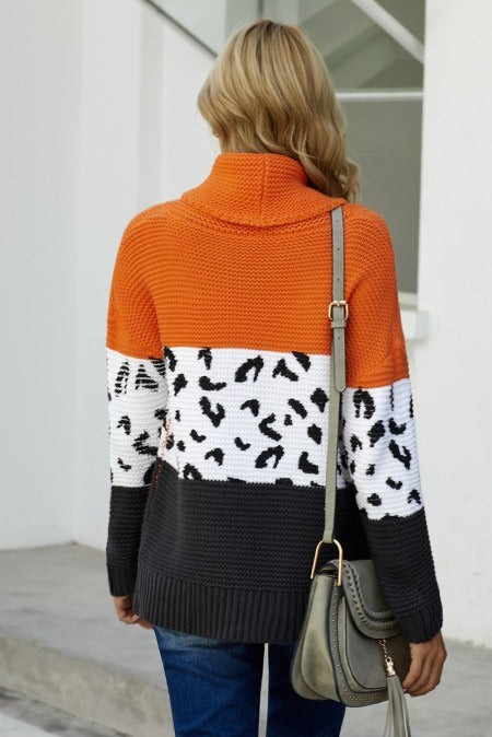 Orange Color Block Turtleneck Splicing Chunky Knit Pullover Sweater