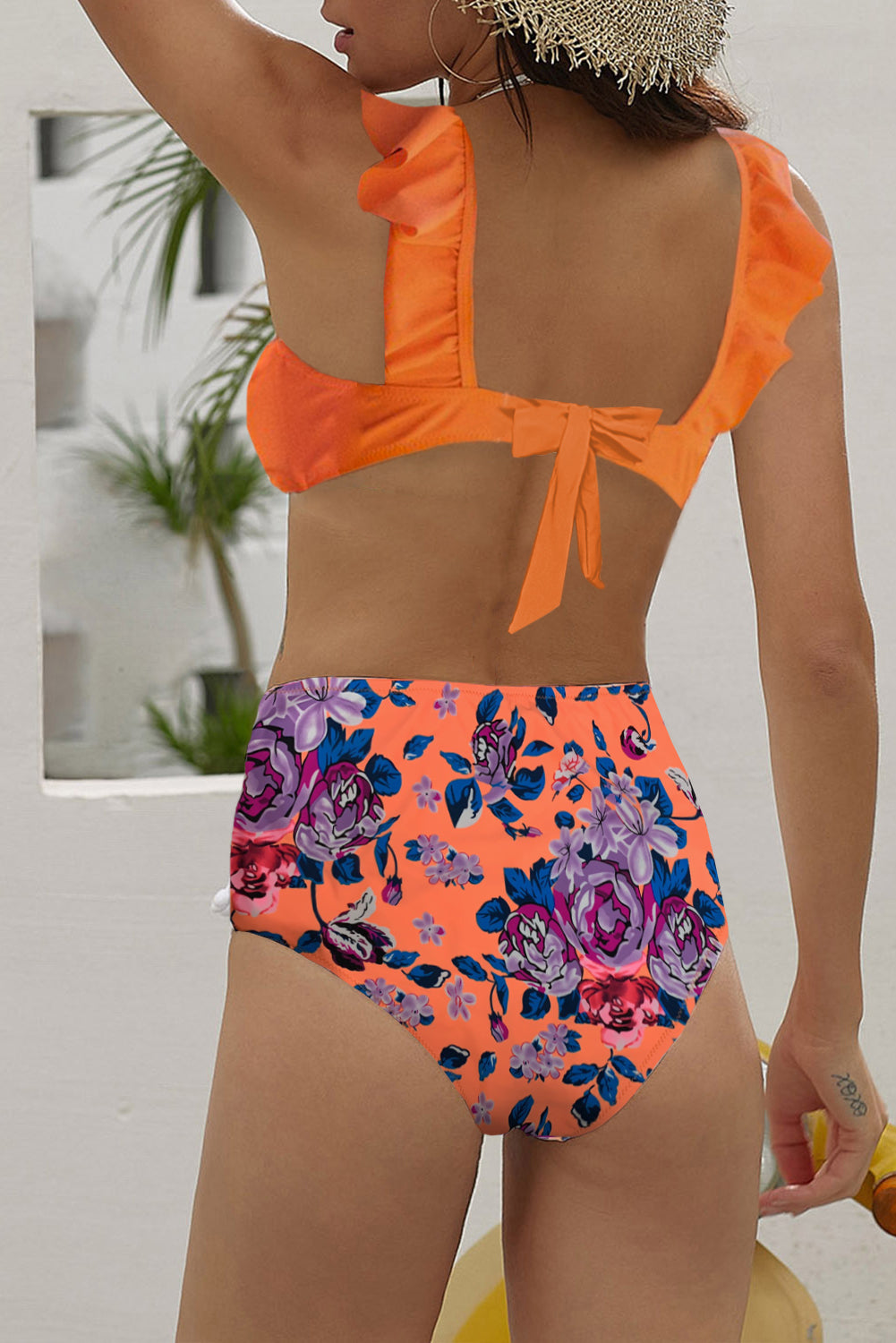 Orange Ruffle Bikini Top Printed High Waist Panty Swimsuit