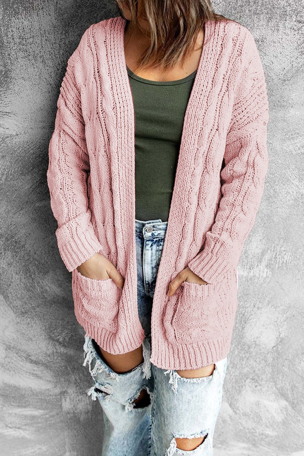 Pink Drop-shoulder Open Front Knitted Cardigan