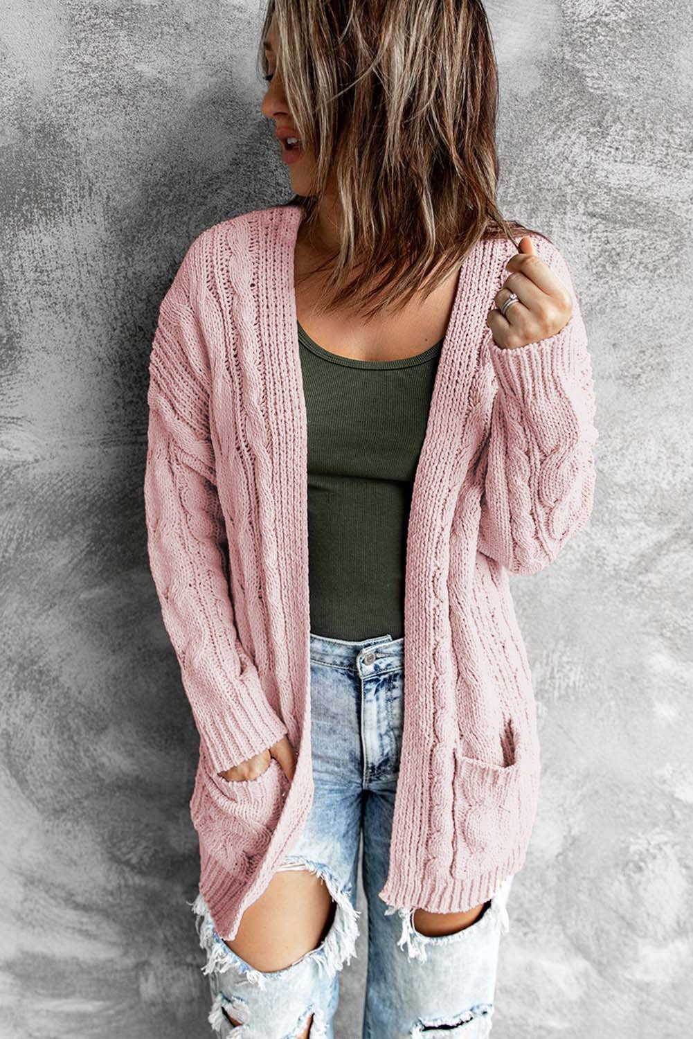 Pink Drop-shoulder Open Front Knitted Cardigan