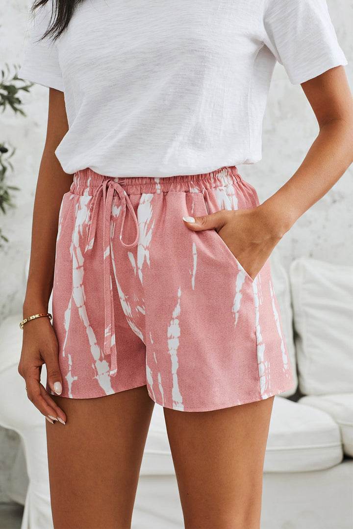 Pink White Tie Dye Drawstring Casual Shorts