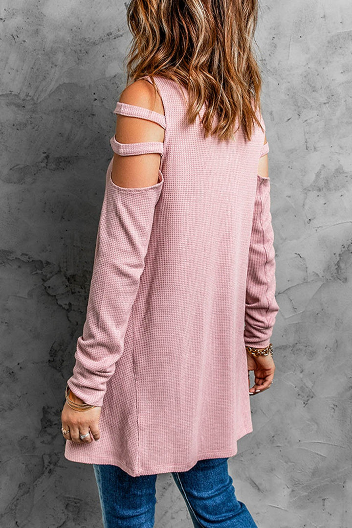 Pink Zip Neck Cut-out Waffle Knit Long Sleeve Tunic Top