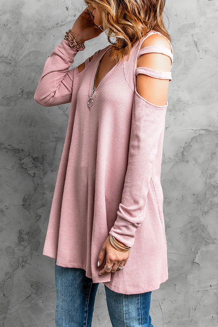 Pink Zip Neck Cut-out Waffle Knit Long Sleeve Tunic Top