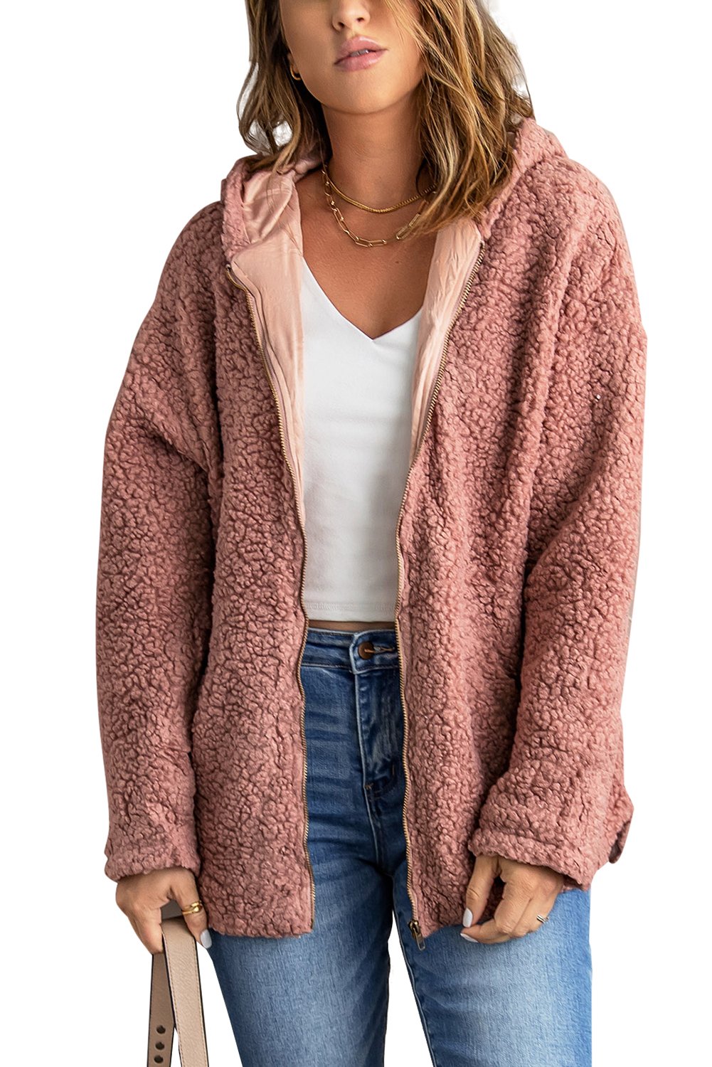 Pink Zip Up Sherpa Hooded Coat