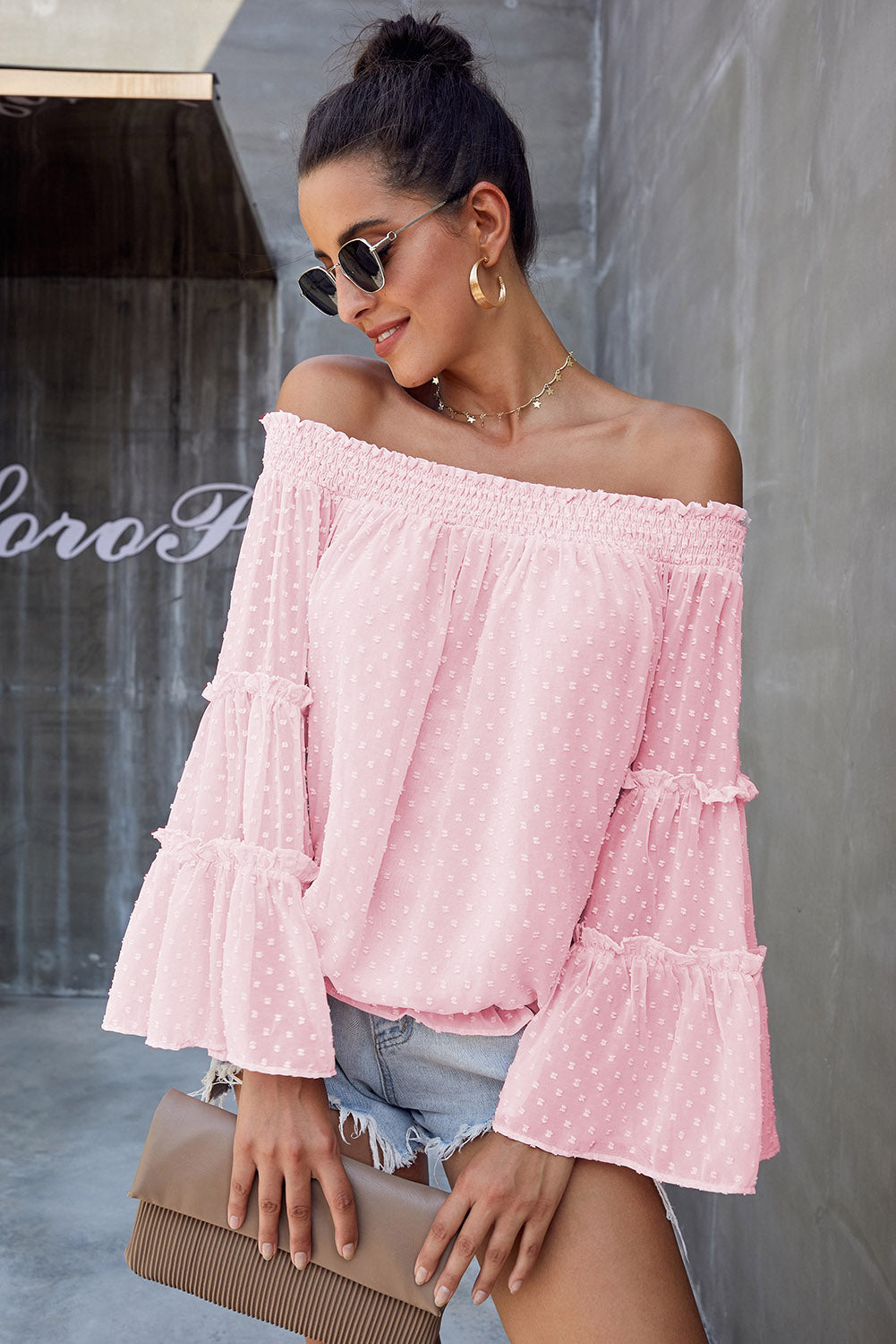 Pink Swiss Dot Off The Shoulder Bell Sleeve Blouse
