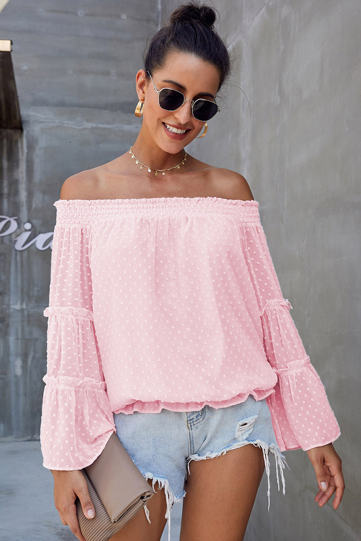 Pink Swiss Dot Off The Shoulder Bell Sleeve Blouse