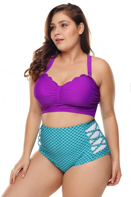 Plus Size Purple Blue Scalloped Detail High Waist Swimsuit