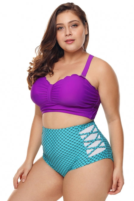 Plus Size Purple Blue Scalloped Detail High Waist Swimsuit
