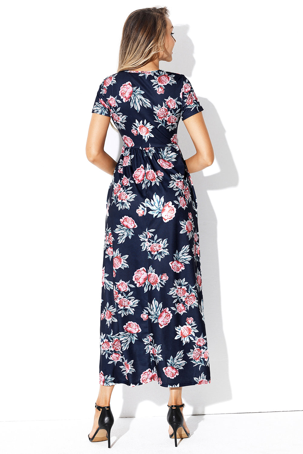 Pocket Design Short Sleeve Black Floral Maxi Dress