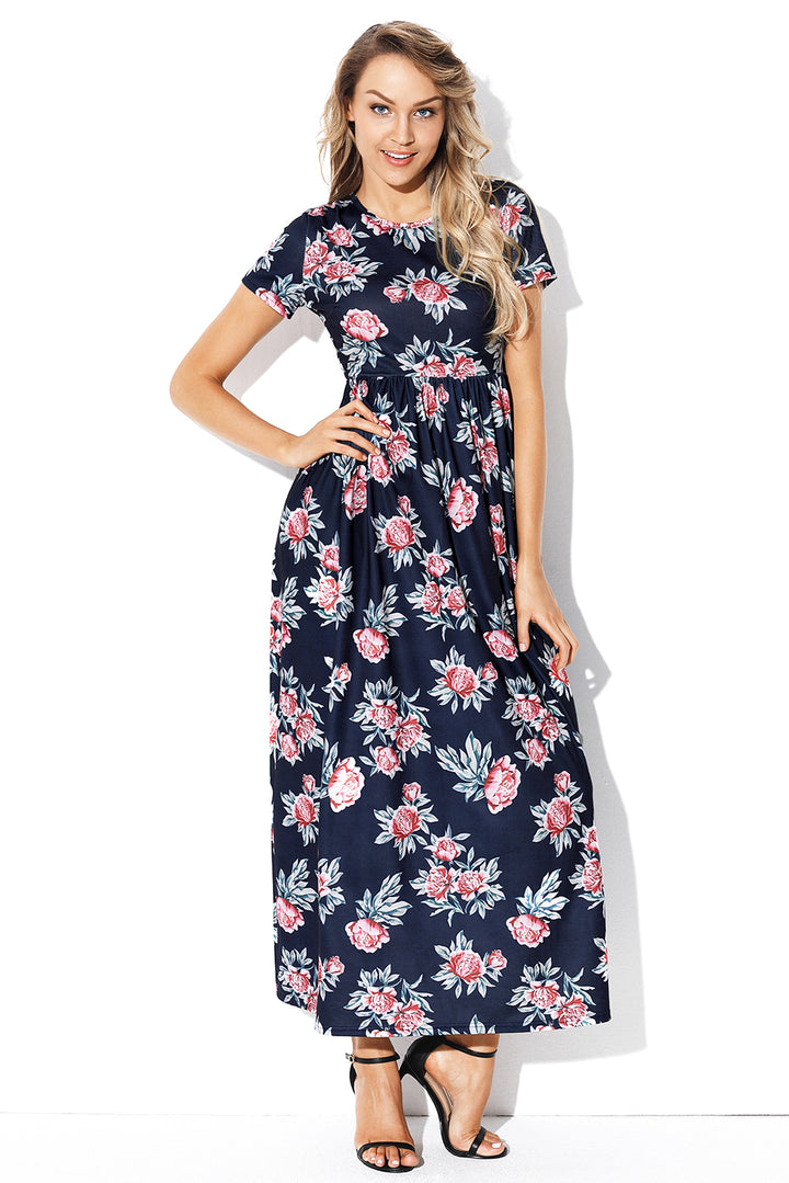 Pocket Design Short Sleeve Black Floral Maxi Dress
