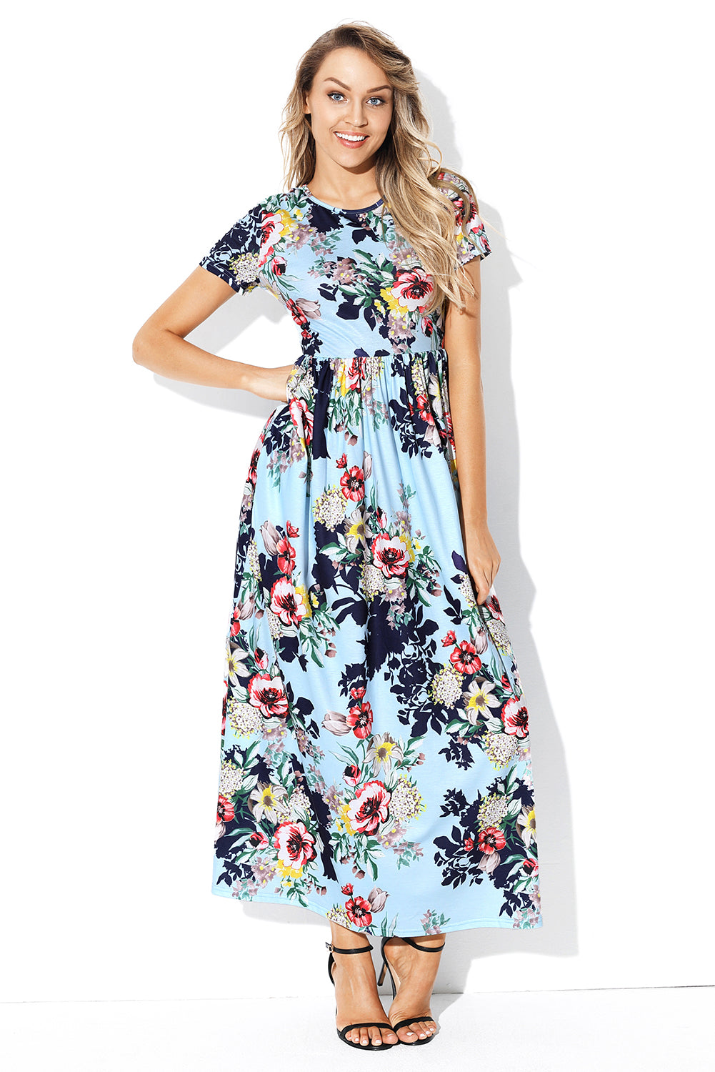 Pocket Design Short Sleeve Light Blue Floral Maxi Dress