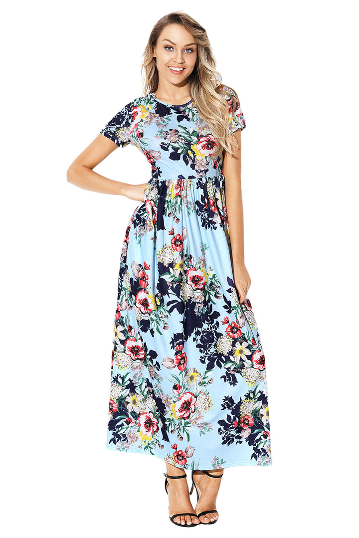 Pocket Design Short Sleeve Light Blue Floral Maxi Dress