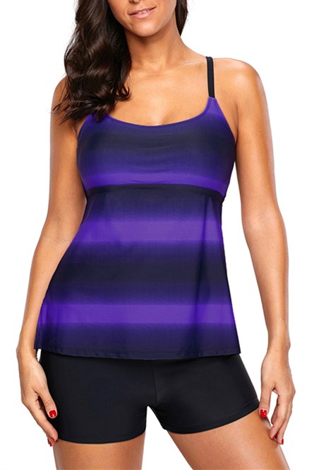Purple Black Strappy Hollow-out Back Tankini