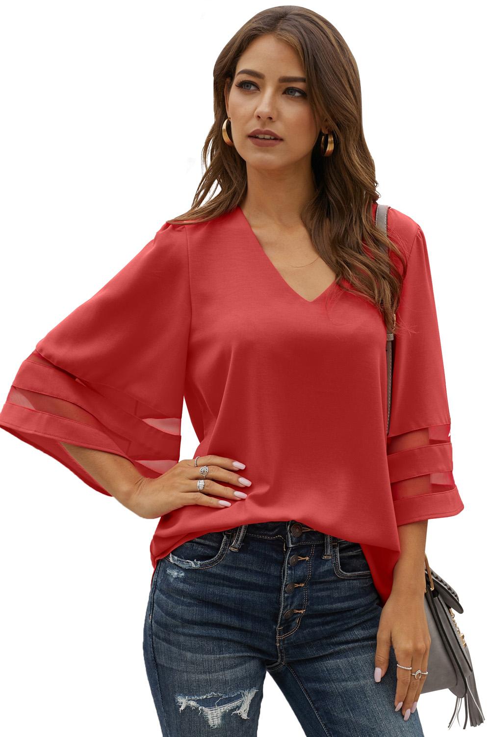 Red Flare Sleeve V Neck Loose Women's Chiffon Blouse