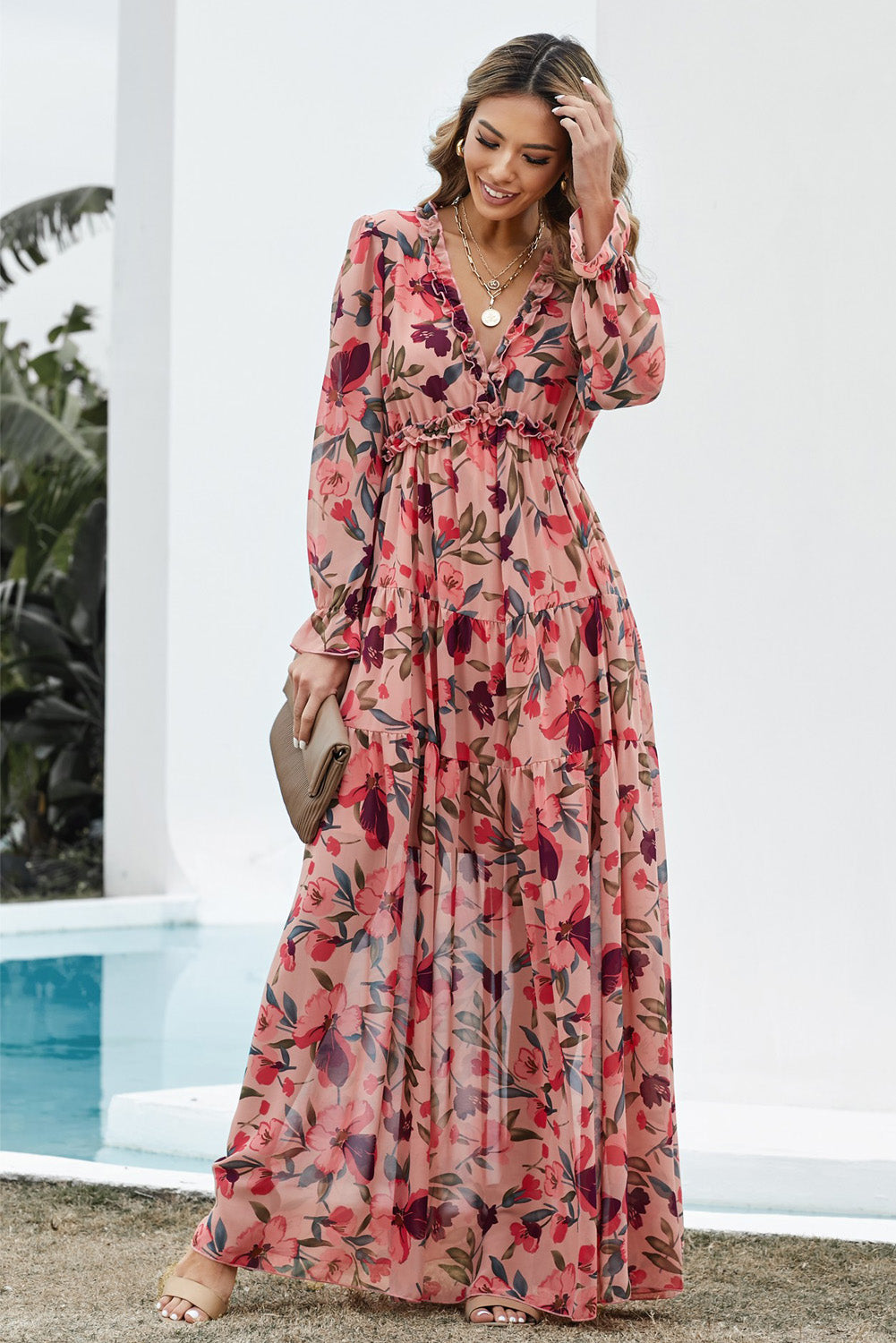 Red Floral Long Sleeve Wild Lotus Ruffle Tiered Maxi Dress
