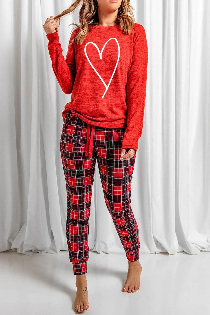 Red Heart Print Plaid Long Sleeve Lounge Set