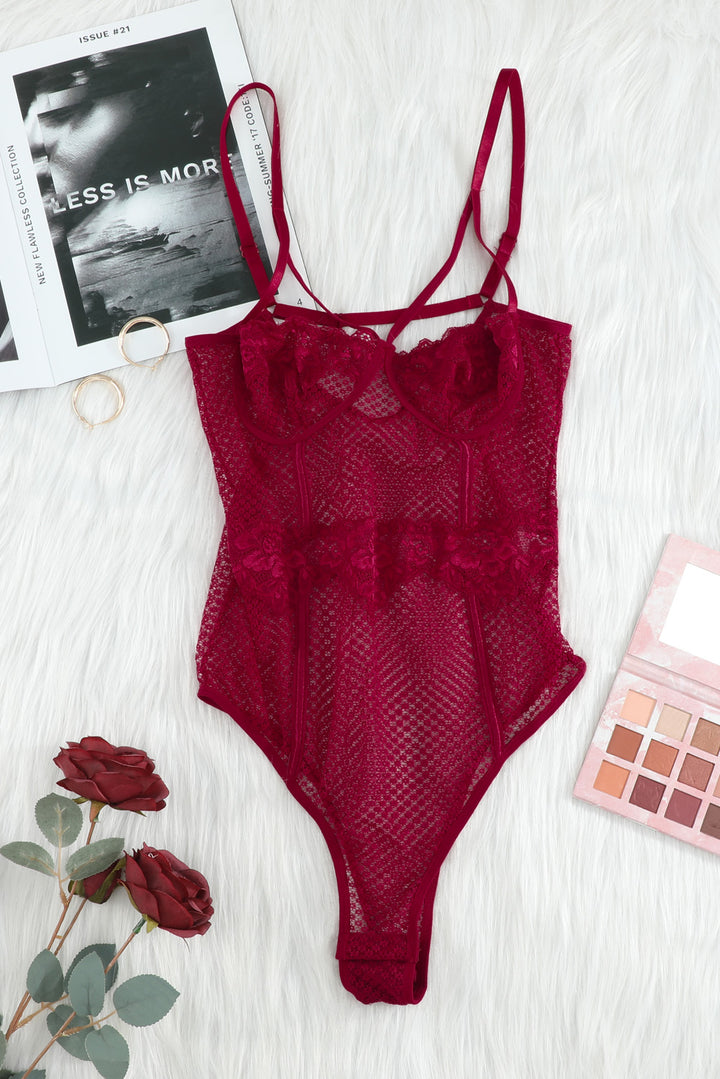 Red Lace Splicing See-through Mesh Bodysuit