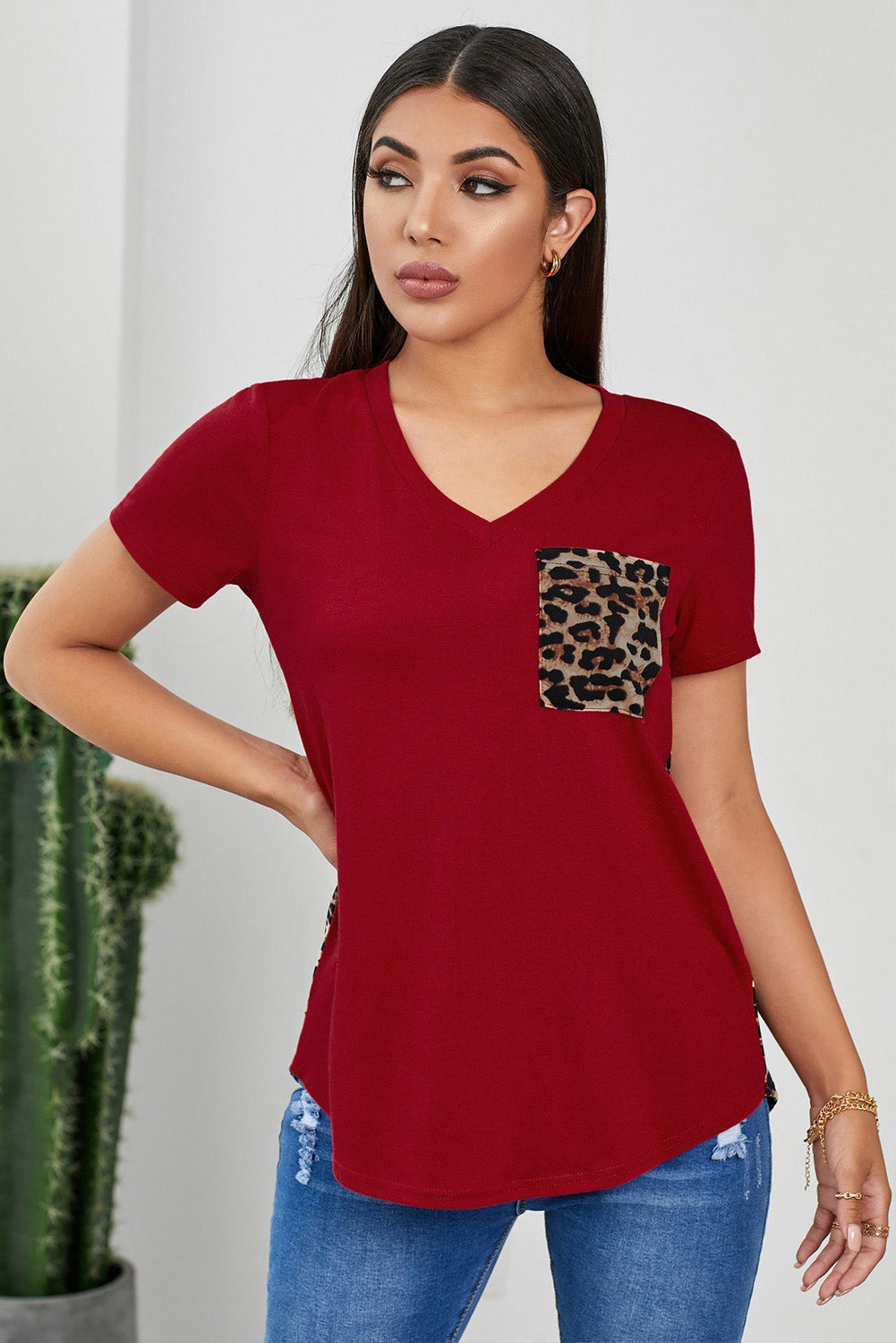 Red Leopard Printed Splicing Short Sleeve T-Shirt