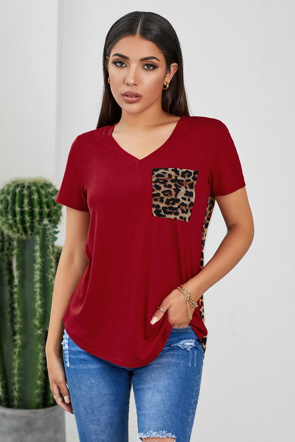 Red Leopard Printed Splicing Short Sleeve T-Shirt