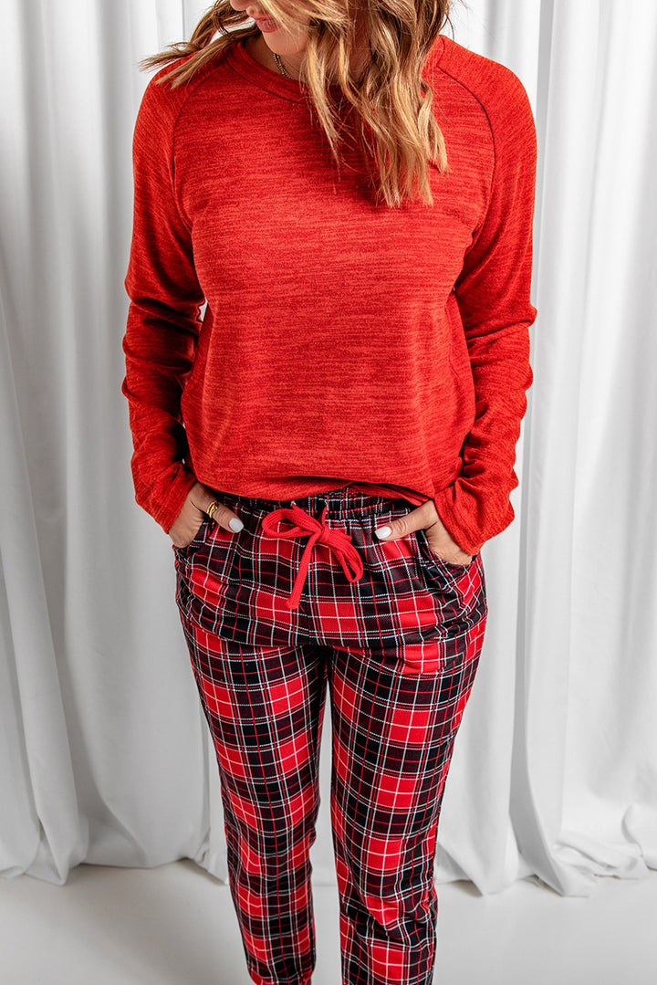Red Long Sleeve Top and Plaid Pants Loungewear