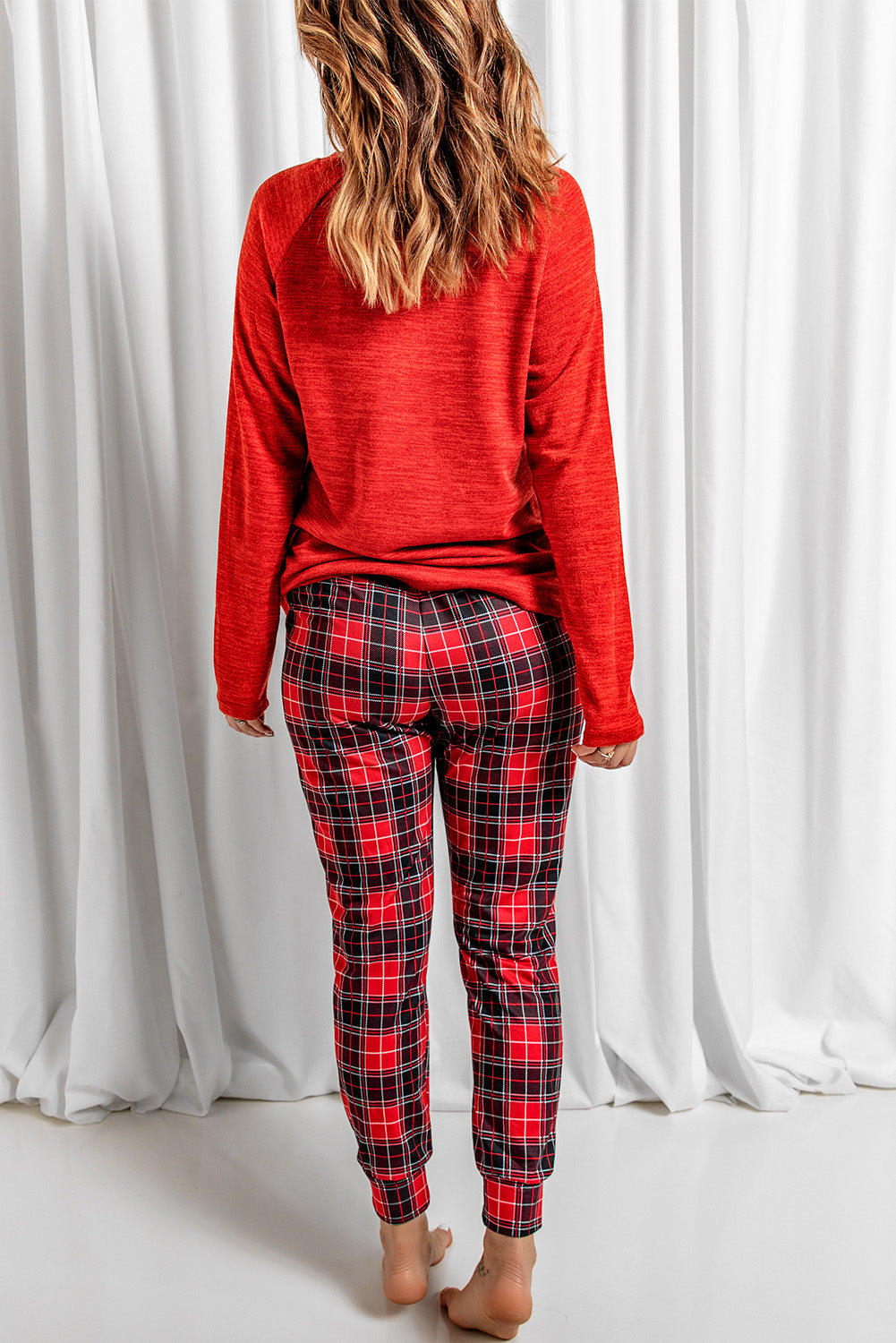 Red Long Sleeve Top and Plaid Pants Loungewear