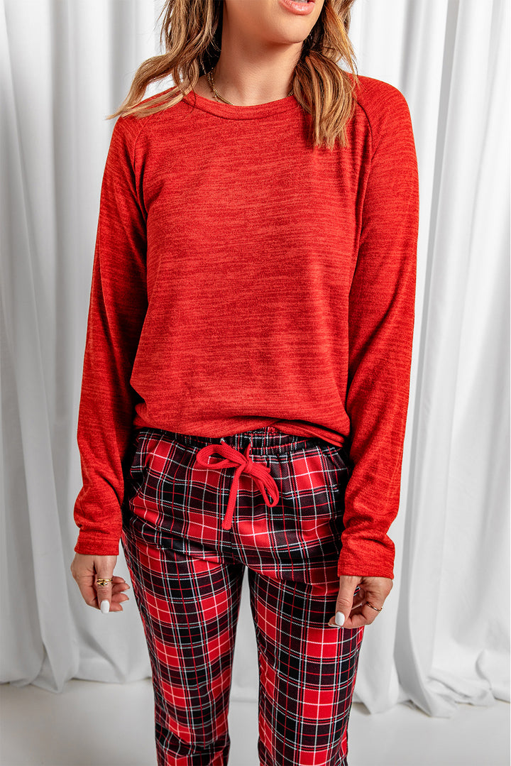 Red Long Sleeve Top and Plaid Pants Loungewear