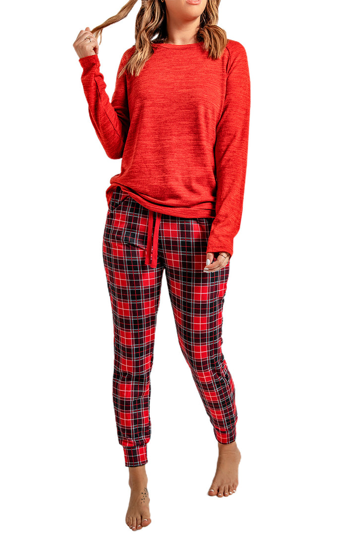 Red Top and Plaid Pants Loungewear