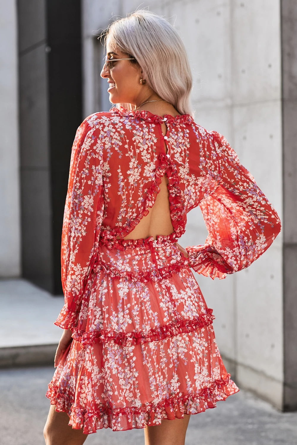 Red Ruffle Detailing Long Sleeve Open Back Floral Dress