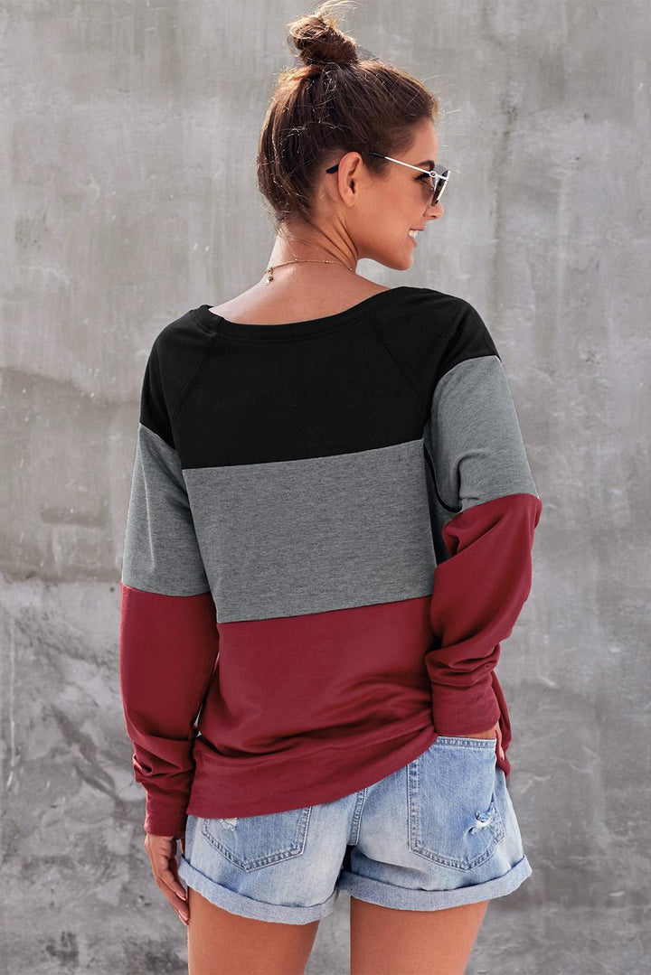 Red Gray Raglan Sleeve Color Block Pullover Sweatshirt
