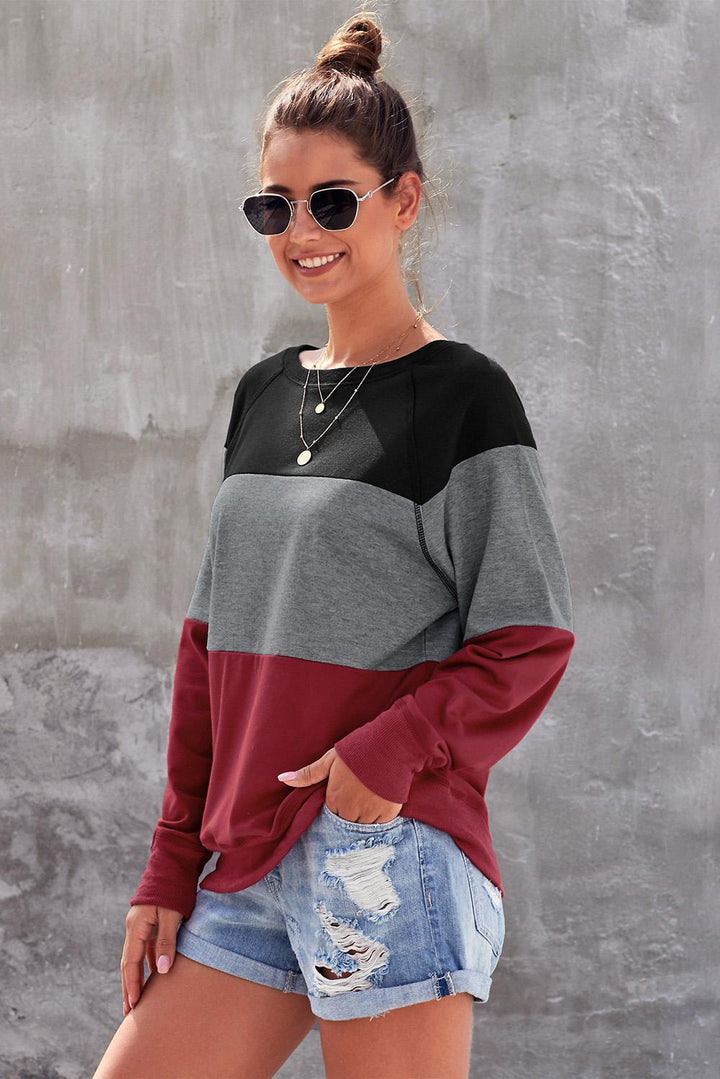 Red Gray Raglan Sleeve Color Block Pullover Sweatshirt