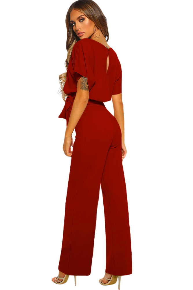 Red Oh So Glam Short Sleeve Belted Wide Leg Jumpsuit