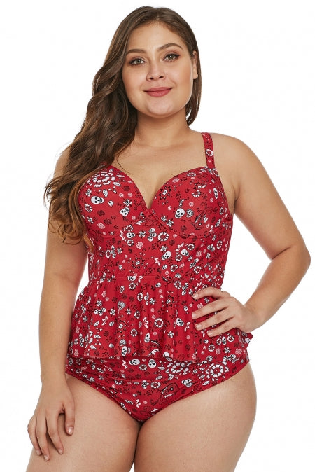 Red Print Moulded Cups Peplum Plus Size Bikini Set