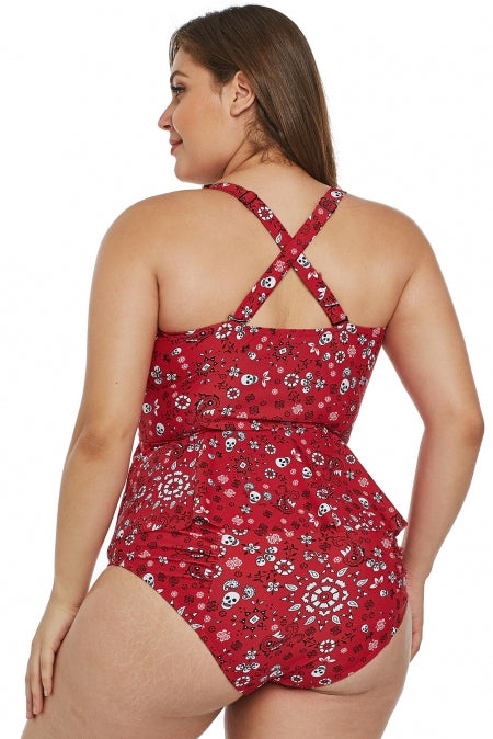 Red Print Moulded Cups Peplum Plus Size Bikini Set