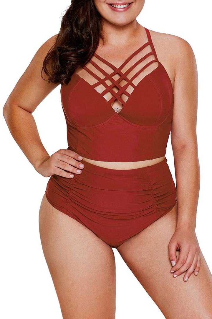 Red Strappy Neck Detail With Padded High Waist Swimsuit