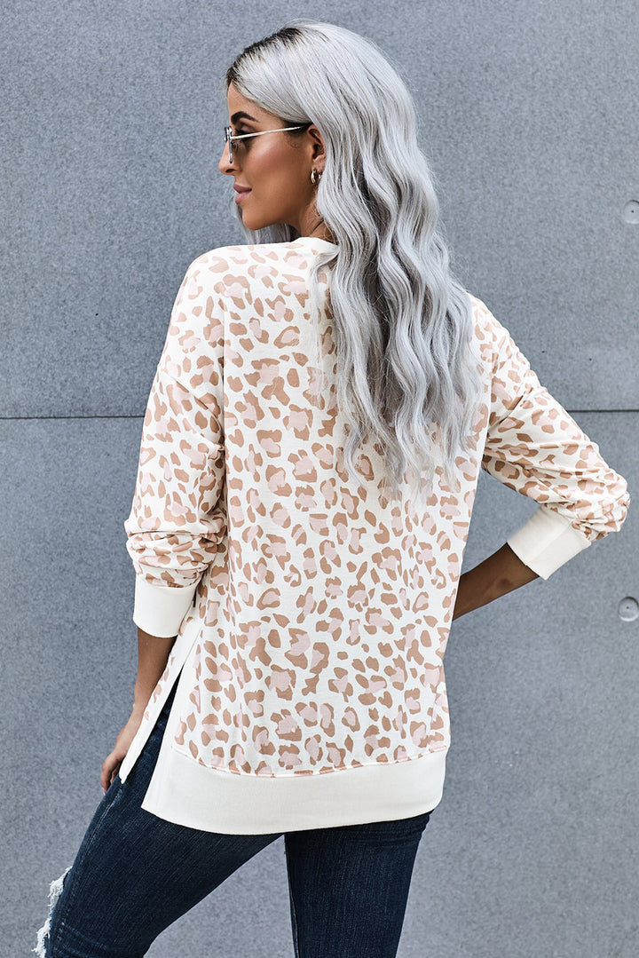 Round Neck Long Sleeve Apricot Leopard Print Loose Fit Sweatshirt