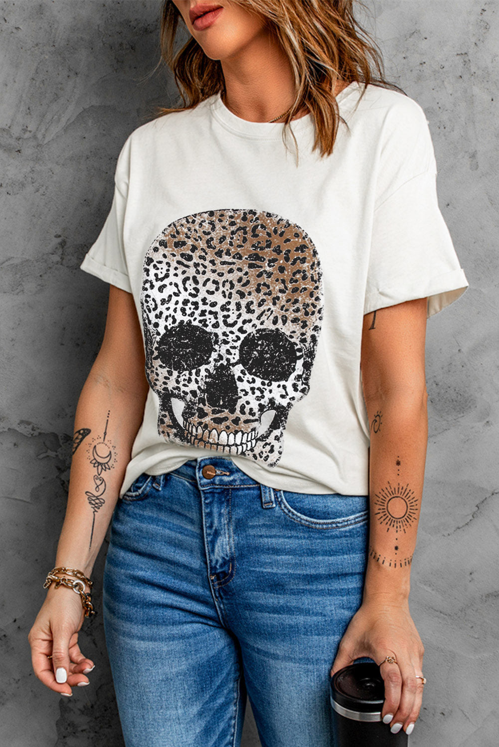 Short Sleeve Leopard Skull Graphic White T Shirt