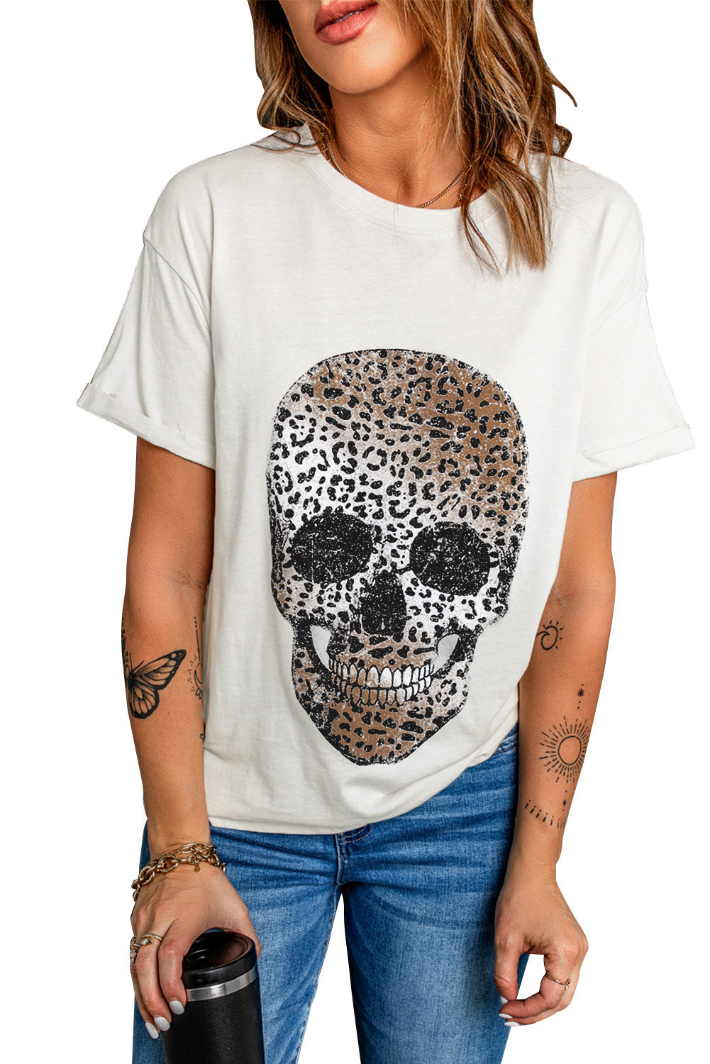 Short Sleeve Leopard Skull Graphic White T Shirt