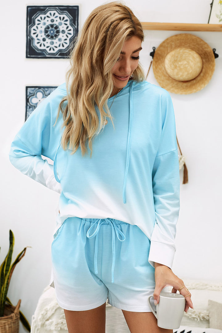 Sky Blue Dip Dye Long Sleeve Hooded Lounge Sweatshirt Shorts Set