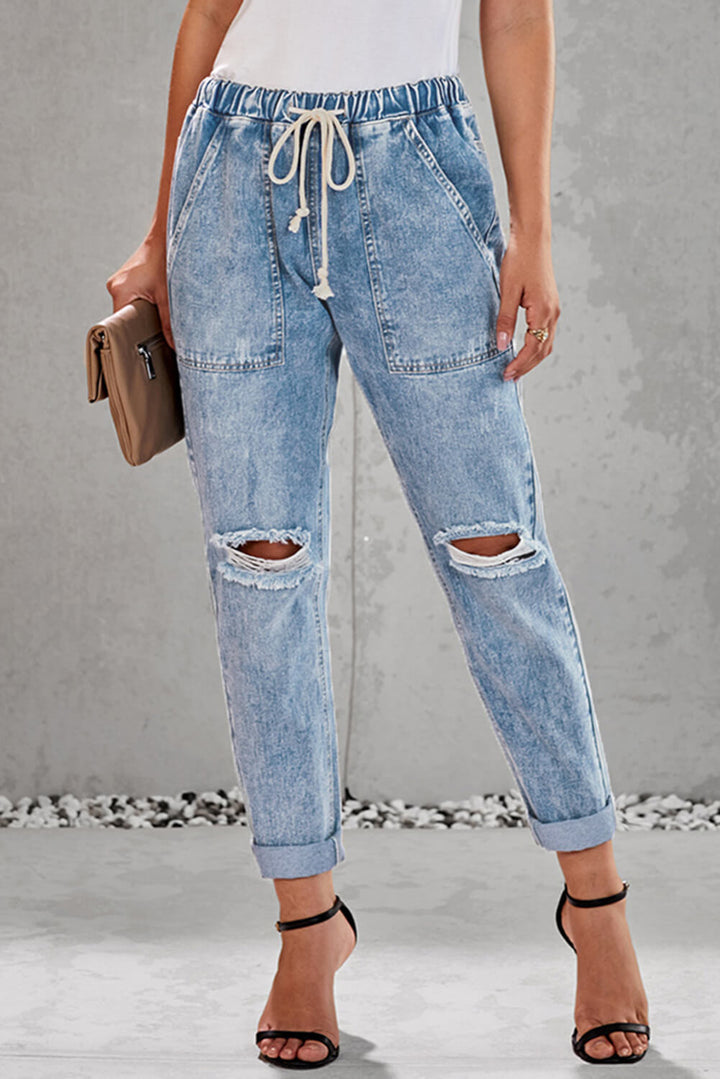 Sky Blue Gather Round Distressed Pocketed Hole Denim Jogger