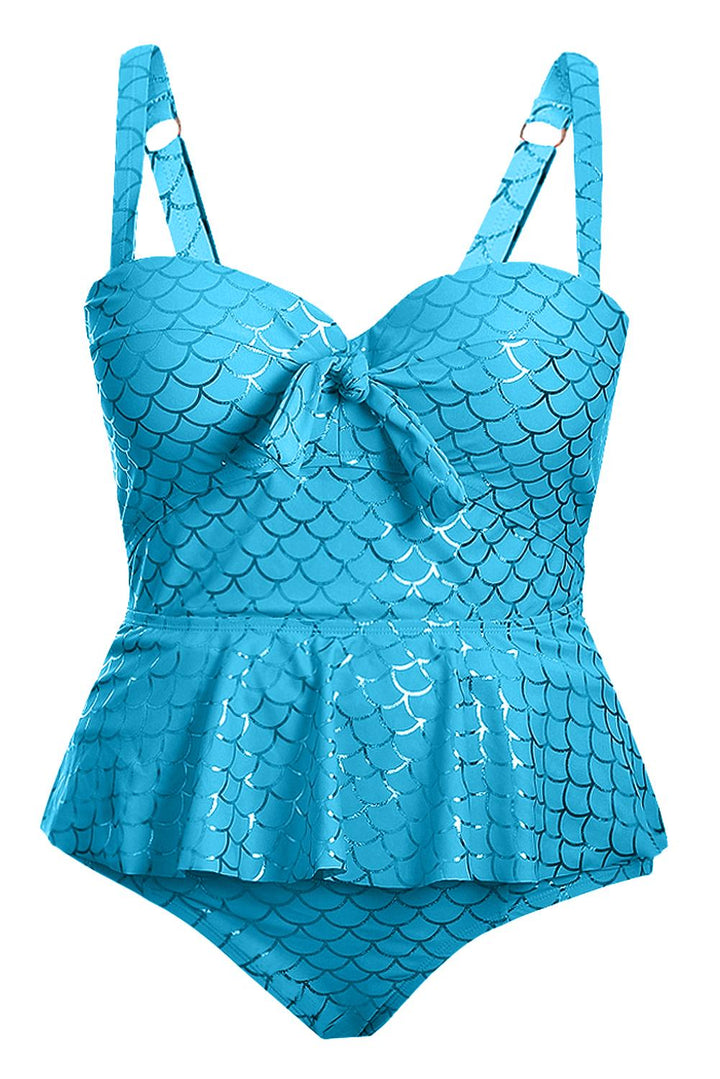 Sky Blue Halter Neck Plus Size Peplum Tankini Swimsuit