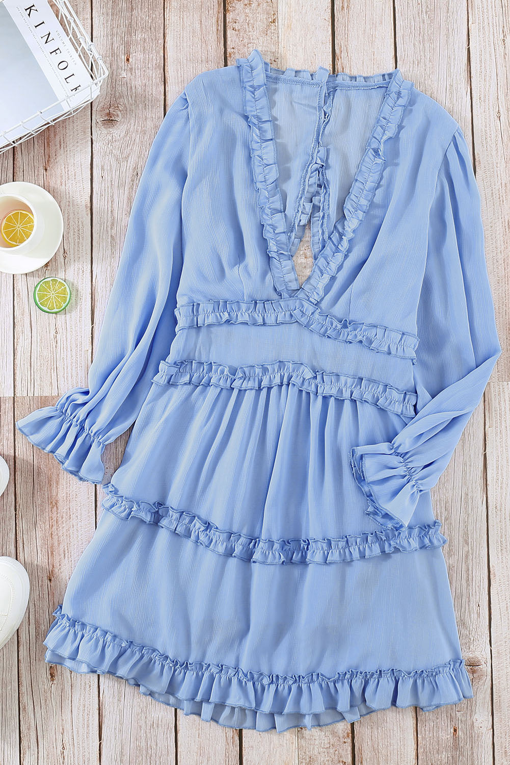 Sky Blue V Neck Ruffle Detailing Open Back Long Sleeve Dress