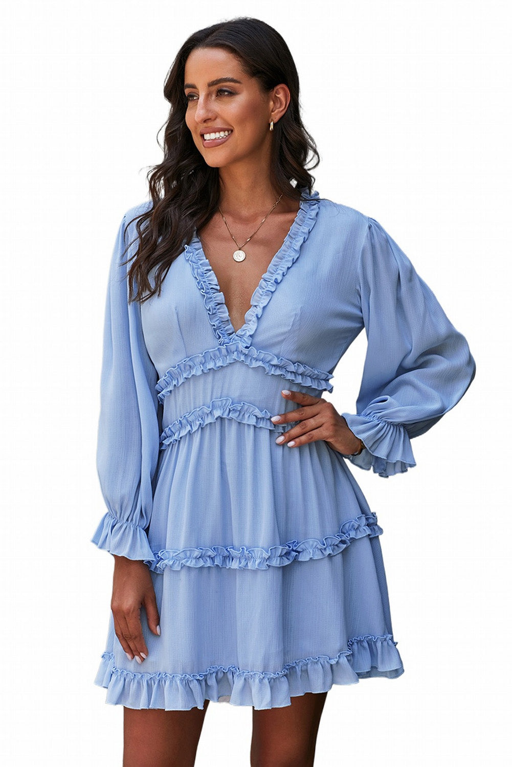 Sky Blue V Neck Ruffle Detailing Open Back Long Sleeve Dress