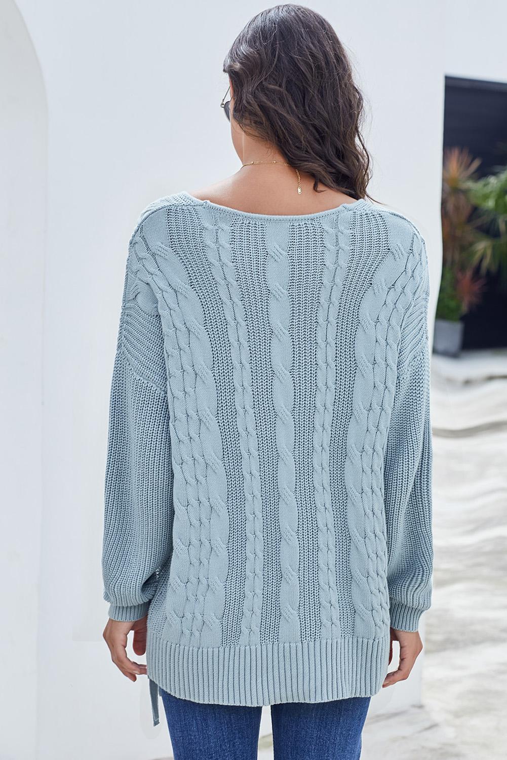 Sky Blue Love Letters Lace Up Cable Knit Sweater