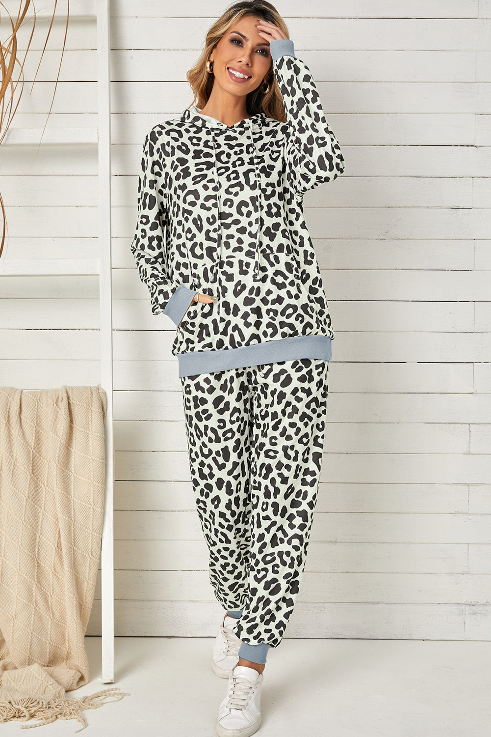 Sport Leopard Print Hooded Top and Slim-fit Pants