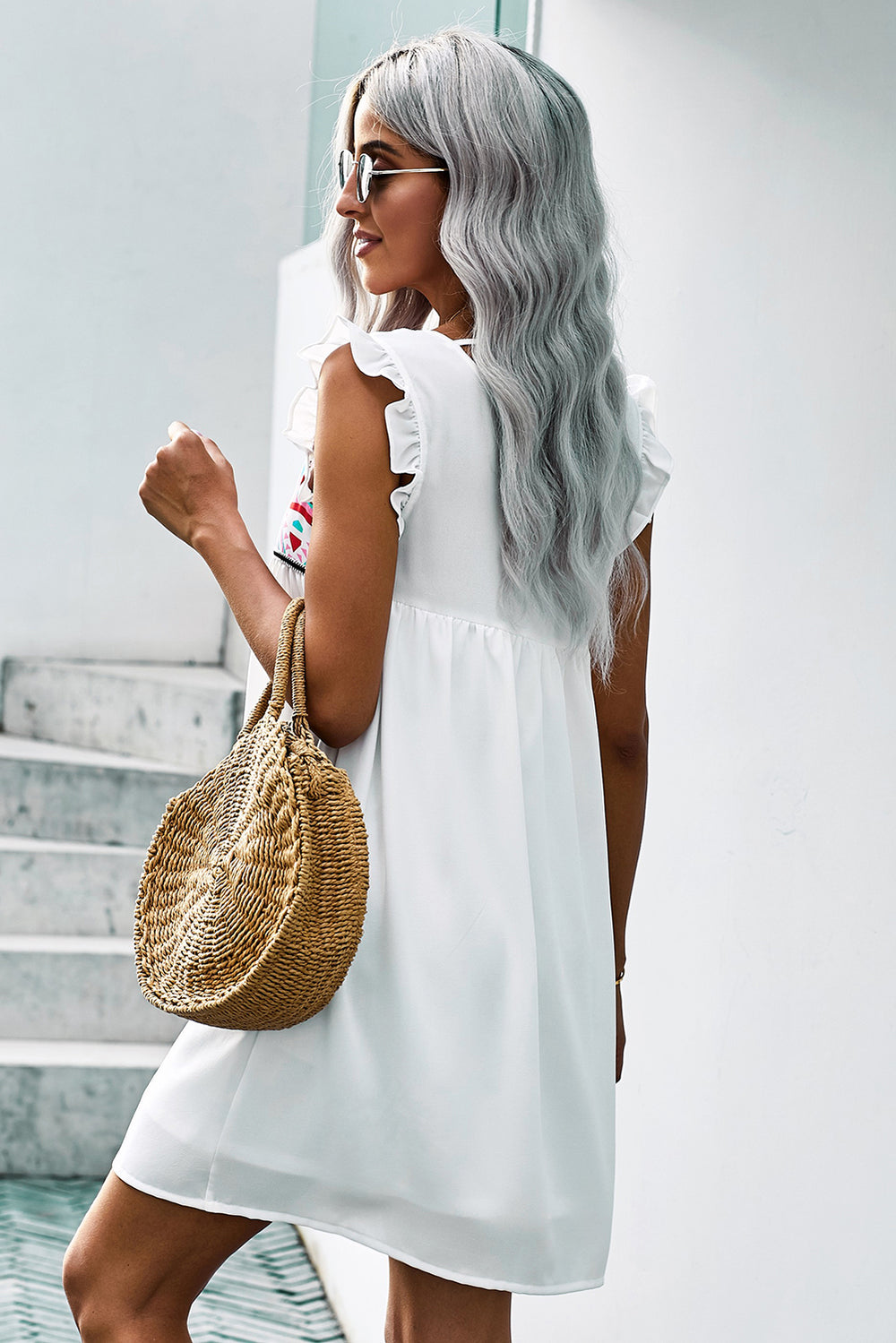Summer Beach White Floral Sleeveless V Neck Boho Mini Dress