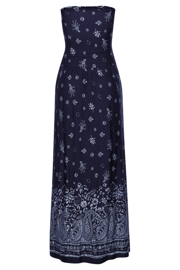 Summer Blue Bohemian Bandeau Floral Print Maxi Dress