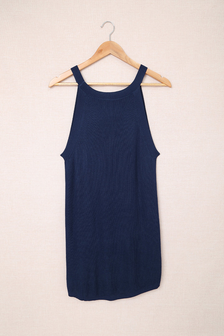 Summer Blue Solid Ribbed Knit Slim-fit Tank Top