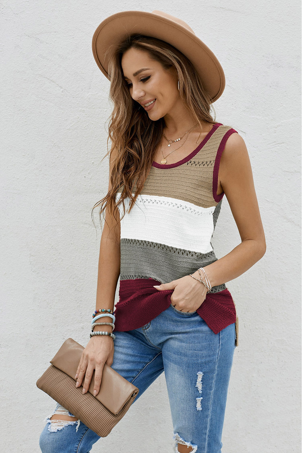 Summer Burgundy Color Block Round Neck Knitted Tank Top