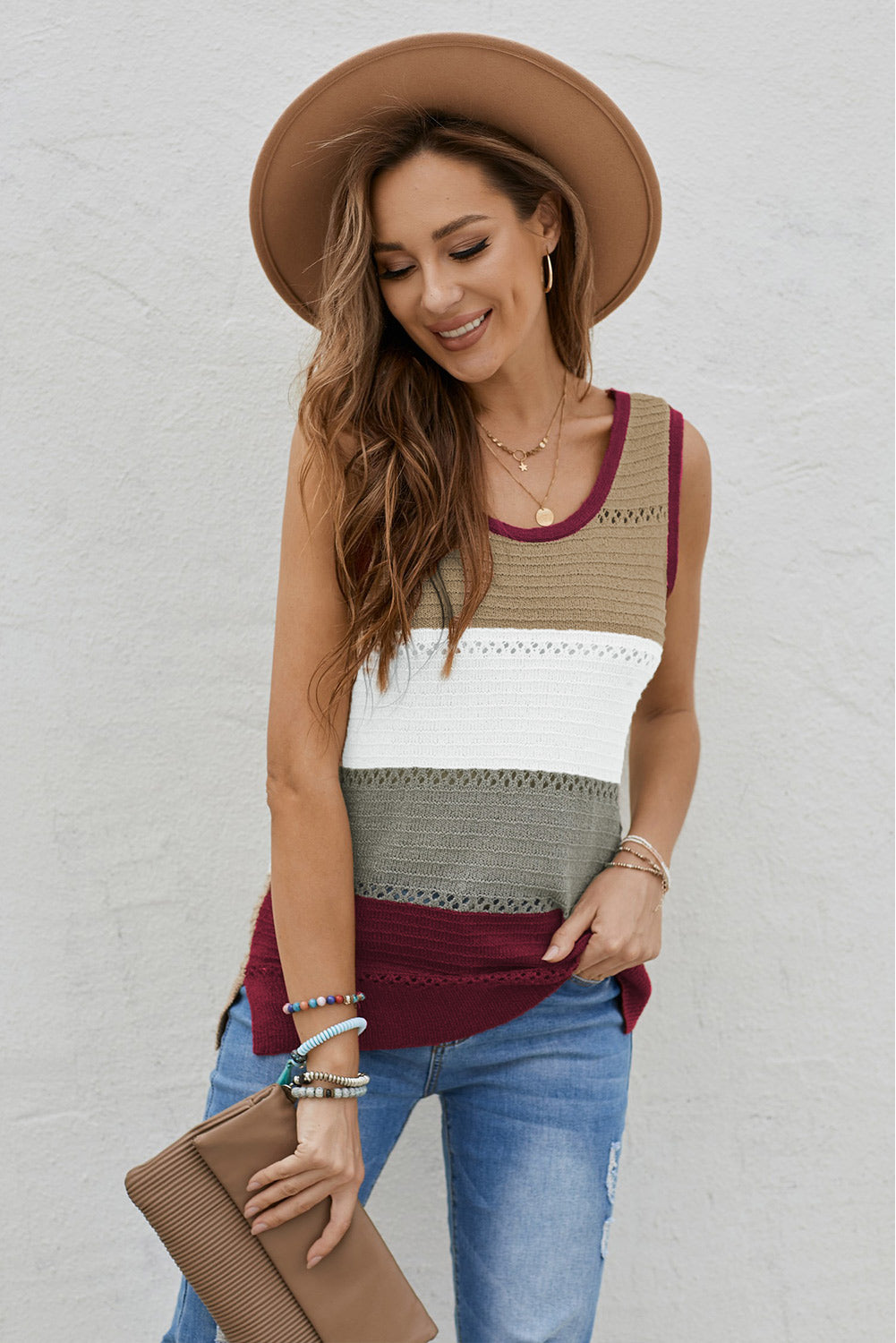 Summer Burgundy Color Block Round Neck Knitted Tank Top