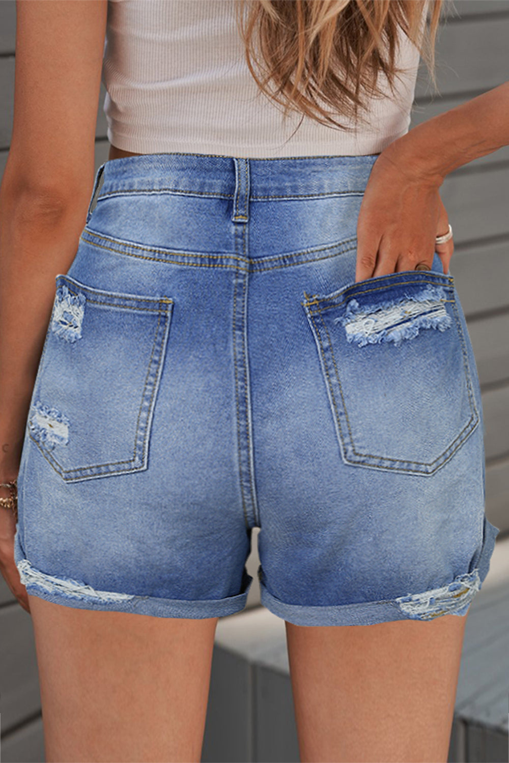 Summer Fashion Blue Folded Hem Ripped High Waist Jean Shorts
